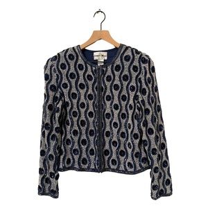 Camille Marie Navy & Silver Vintage Silk Formal Sequin Blazer Top Size Small
